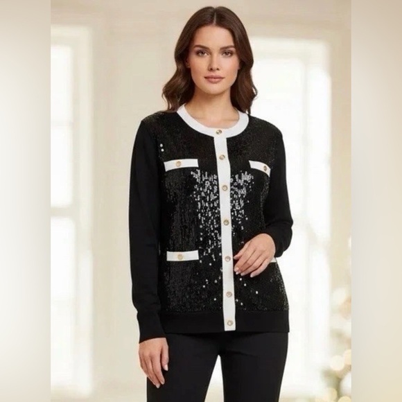 BCBG Sweaters - BCBG Black and White Sequin Cardigan size S new with tag